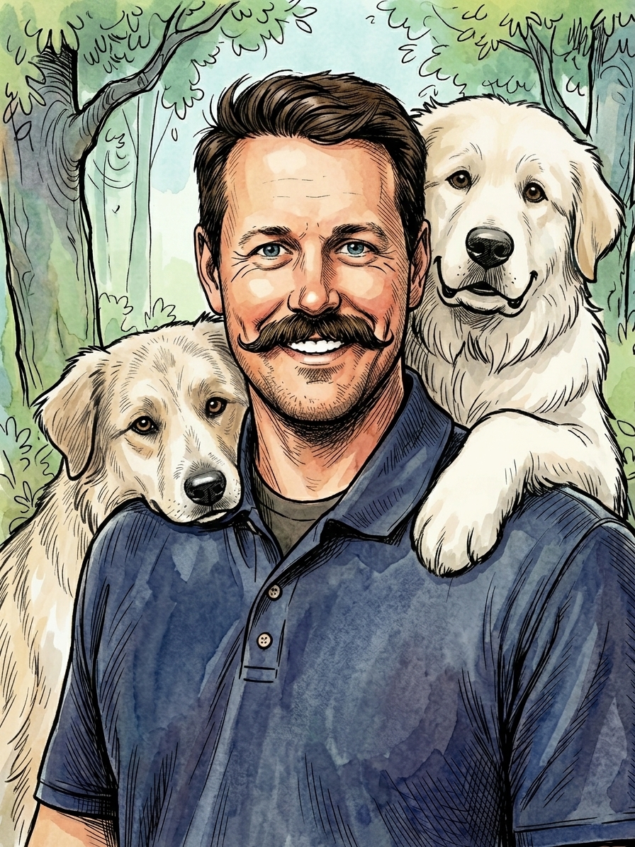 Illustrated portrait of Joseph Dillon with two dogs